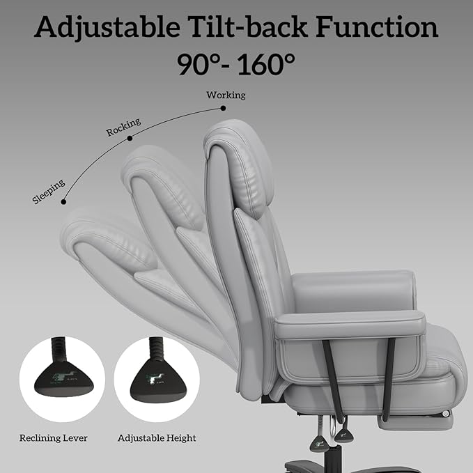 GYI 160 Reclining Office Chair with Footrest, Big and Tall High Back Ergonomic Computer Desk Chair with Cross Legged Seat, Arms, Wheels, Leather, Grey, 400 LBS Capacity
