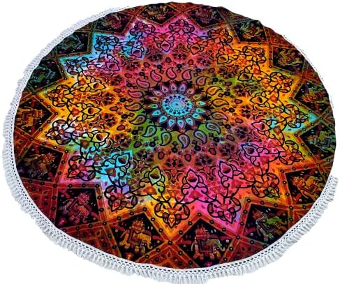 Round Beach Tapestry Turquoise Mandala Throw/Boho Hippie Beach Blanket Roundie/Indian Cotton Bohemian Large Round Table Cloth-Home Decor/Yoga Mat Meditation Picnic Rug (70", Multi Blue)