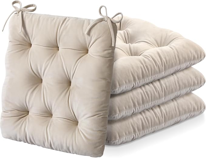 Nuanchu Memory Foam Chair Cushions Set of 4, Thick Indoor Seat Cushions for Dining Chairs Tufted Seat Pads for Kitchen, Dining Room, Office,(Ivory White,15.5"x15.5"x4")