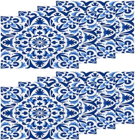 Shrahala Blue White Set of 8 12 X 18 Inch Linen Placemats, Delicate Floral Burlap Table Mat Washable Double Layered Heat Insulation for Indoor/Outdoor