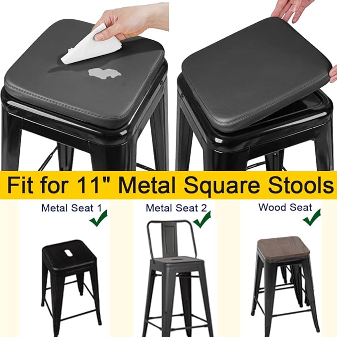 SINOSSO Modern Faux Leather Bar Stool Cushions 4 Pack, Leathaire Magnetic Small Chair Pads for Cafe Bistro Stackable Metal Stools (Square, Black, 4)