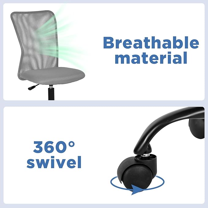 FDW Home Office Chair Mid Back Mesh Desk Chair Armless Computer Ergonomic Task Rolling Swivel Chair Back Support Adjustable Modern with Lumbar Support,Grey