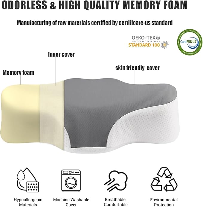 Bespilow Travel Cervical Pillow for Sleeping, Small Memory Foam Neck Pillow with Cooling Washable Cover, Compact Ergonomic Neck Support Travel Pillow for Car Camping, RV, Road Trip & Passenger Seat