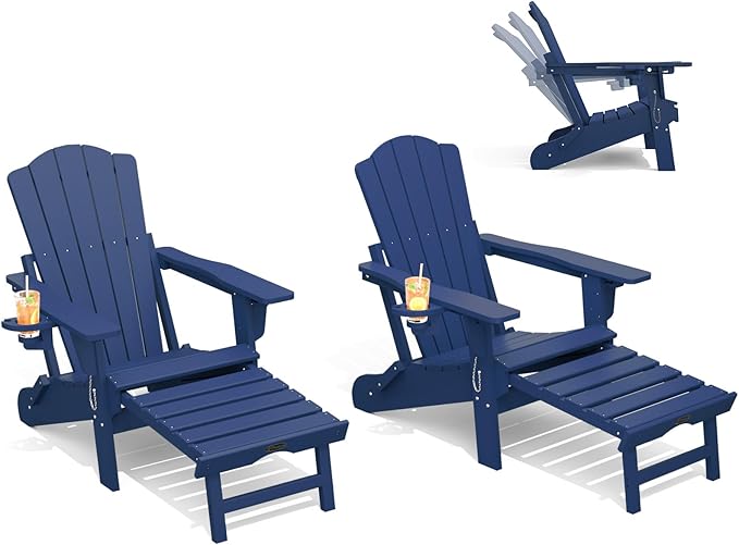 THOEOE Adjustable Adirondack Chair with Retractable Ottoman, HDEP Folding Adirondack Chairs with Footrest 2-in-1 Cup Holder, All Weather Outoor Fire Pit Chair with Foot Rest Set 2 Navy Blue