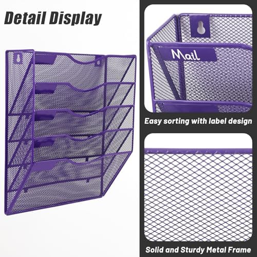 EASEPRES 5 Pocket Mesh Hanging Wall File Organizer, Wall Mounted Mail Paper Document Folder Holder, Clipboard Storage Organization Magazine Rack with Nametag Label for Office Home School, Purple