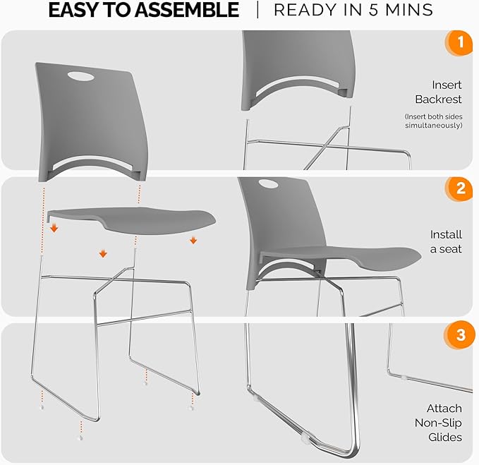 VINGLI Stacking Chairs Set of 20 Stackable Office Chairs with Metal Sled Base, Ergonomic Plastic Seat, Stacking Chairs for Waiting Room Break Room Banquet Guest, Grey