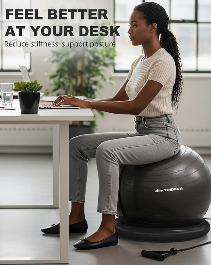 Trideer Exercise Ball Chair with Base & Resistance Bands for Home Gym, Stability Ball Seat for Core Workout and Back Support