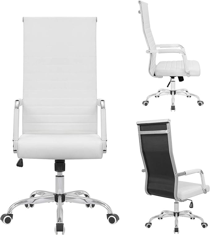 Ribbed Office High Back PU Leather Desk Adjustable Swivel Task Computer Chair with Armrest for Conference Study Leisure, White,KM-0022