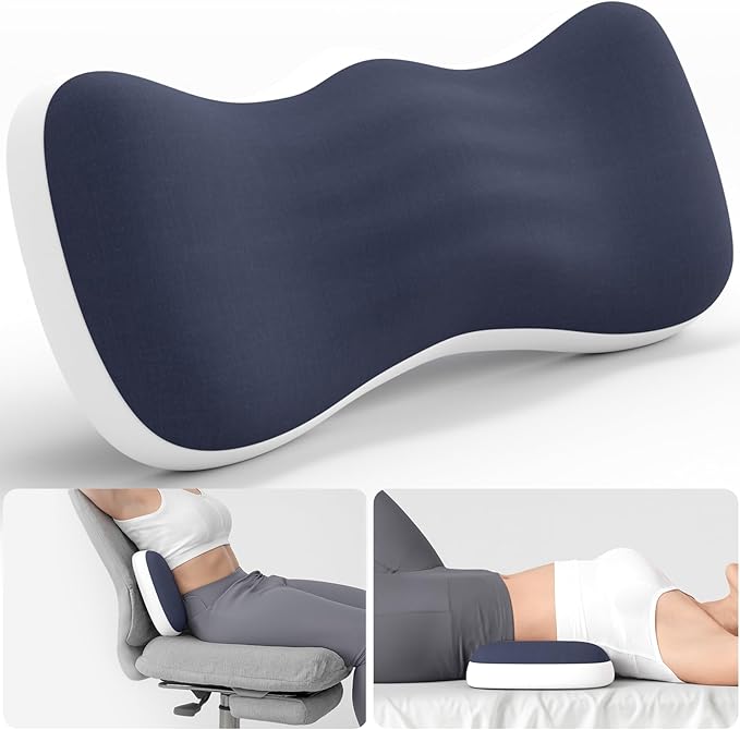Lumbar Support Pillow for Bed, Memory Foam Pillow for Back Pain Relief, Lower Back Pain Relief Pillow for Sleeping, Adjustable Lumbar Pillow for Sleeping, Bed, Car, Couch (White - Navy Blue)