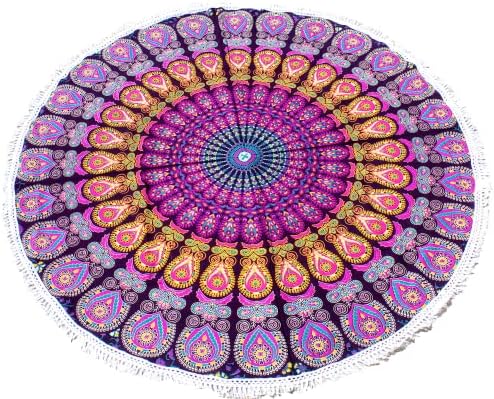 Round Beach Tapestry Turquoise Mandala Throw/Boho Hippie Beach Blanket Roundie/Indian Cotton Bohemian Large Round Table Cloth-Home Decor/Yoga Mat Meditation Picnic Rug (70", Pink And Yellow)