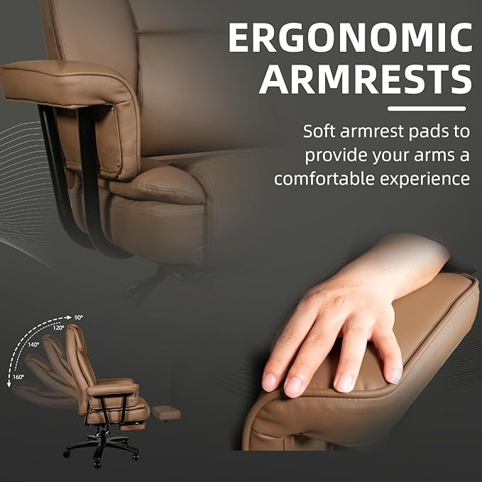 Reclining Office Chair with Footrest, Big and Tall High Back Home Office Desk Chairs 400lbs with Criss Cross Wide Seat, Heavy Duty Base, Pu Leather, Brown