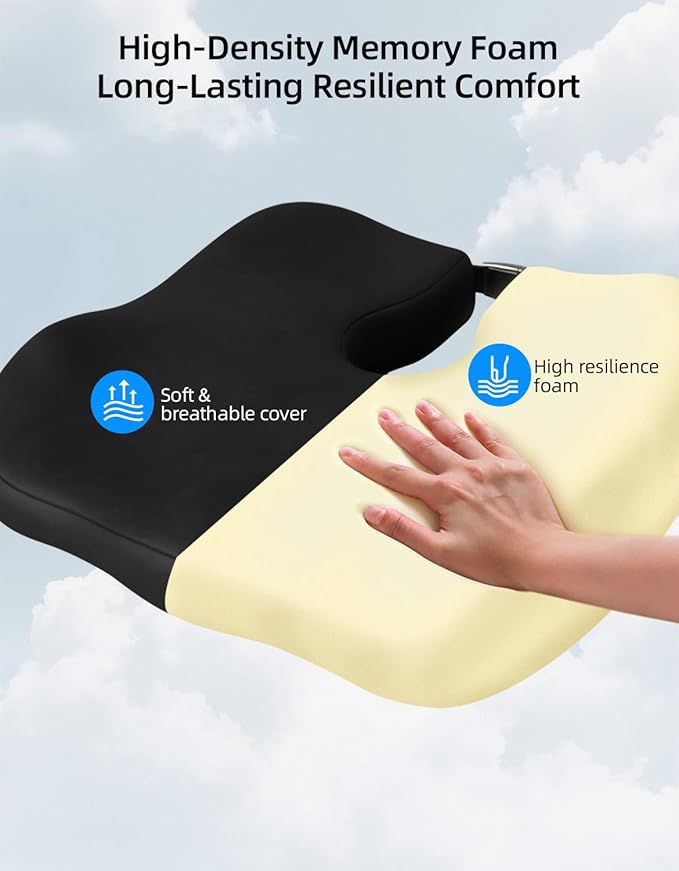 Extra Dense Orthopedic Seat Cushion, Ergonomic Memory Foam Seat Cushion for Office Chair，Desk Chair，Car，Wheelchair, Tailbone Hip Sciatica Pain Relief Cushion for Long Sitting（Black）