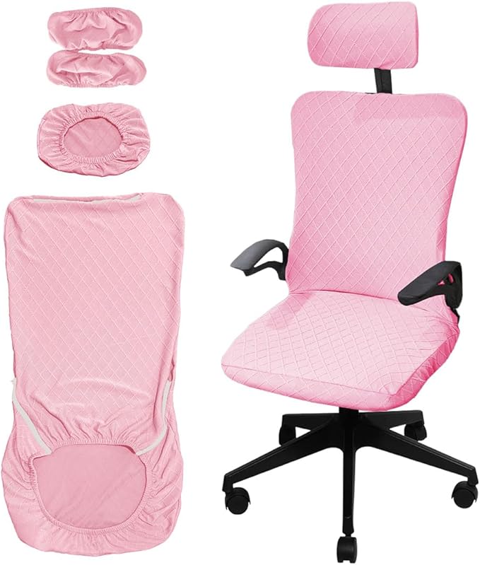 Ergonomic Office Chair Covers Set with Headrest Cover Stretch Desk Computer Chair and Headrest Slipcovers Washable Protector Slipcovers for Swivel Computer Chair 4 Pieces Pink