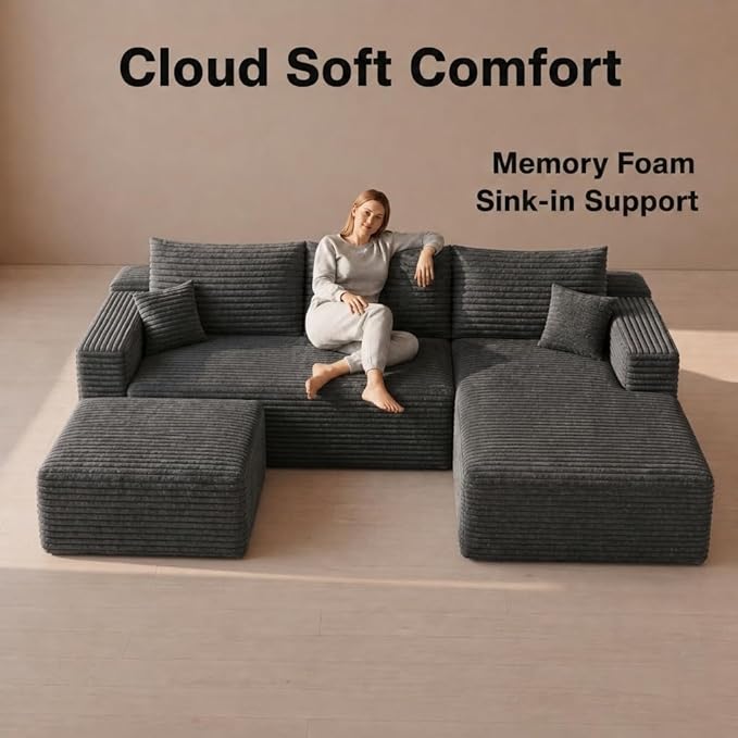 94" Darkgrey Fluffy Couch with Ottoman for Living Room, Corduroy No Bones Sectional Couch,Compressed Memory Foam Cloud Sofa,No Assembly Required,Right Facing Chaise,Darkgrey
