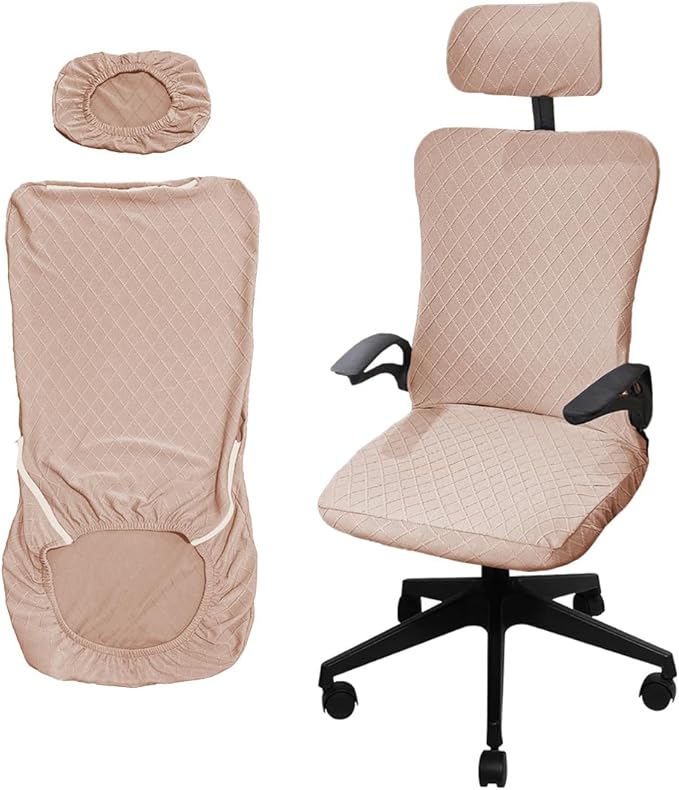 Ergonomic Office Chair Covers Set with Headrest Cover Stretch Desk Computer Chair and Headrest Slipcovers Washable Protector Slipcovers for Swivel Computer Chair 2 Pieces Camel