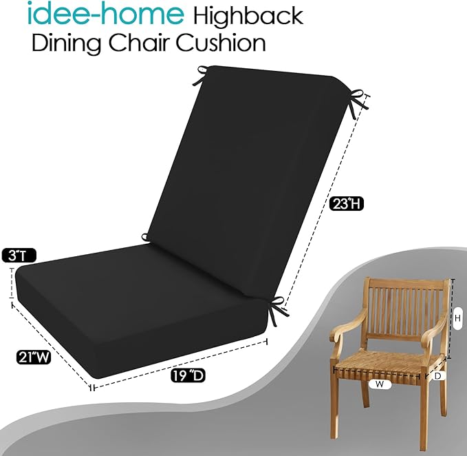 idee-home Outdoor Dining Chair Cushion, Patio Seat Cushion High Back Waterproof Seat Pads with Removable Cover, Indoor Chair Pads Deep, Black
