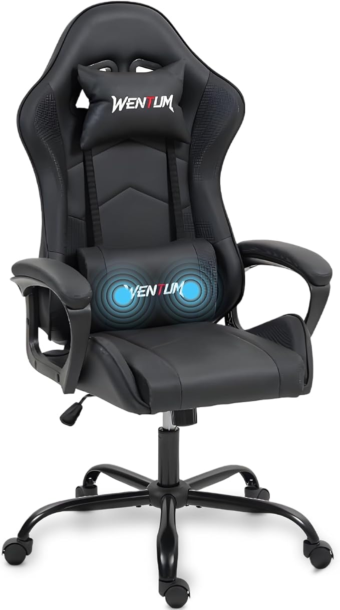 Ergonomic Massage Gaming Chair — High-Back Reclining Office Chair with Lumbar Support for Adults, Height Adjustable, PU Leather, Black