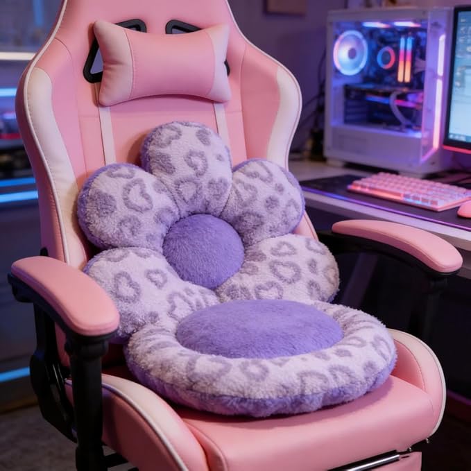 Flower Chair Cushion with Backrest Comfortable Office Chair Pad Student Dormitory Seat Cushion for Sedentary Group Home Decor (Purple, OneSize)