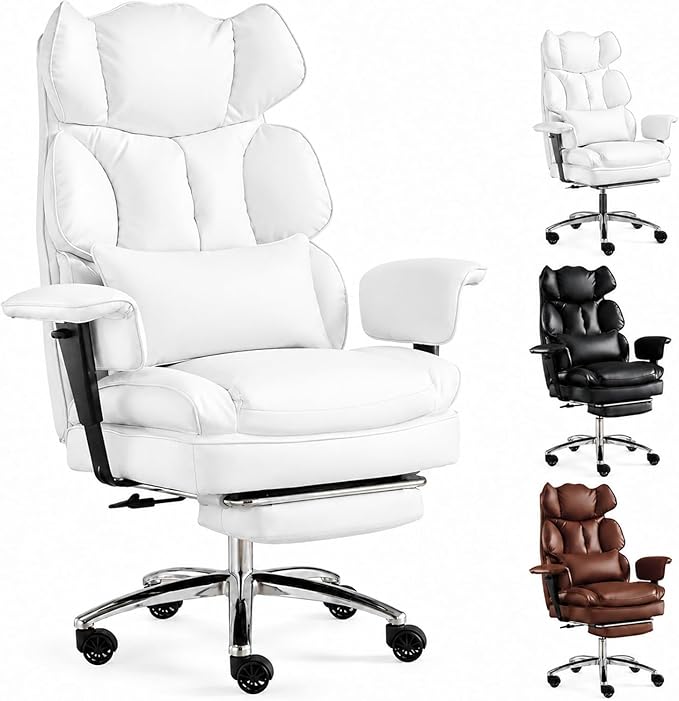 Big and Tall Ergonomic Office Chair with Footrest, Executive High Back PU Leather Desk Chair, Reclining Computer Chair with Adjustable Lumbar Support and Armrests, Swivel Rolling Gaming Chair, Beige