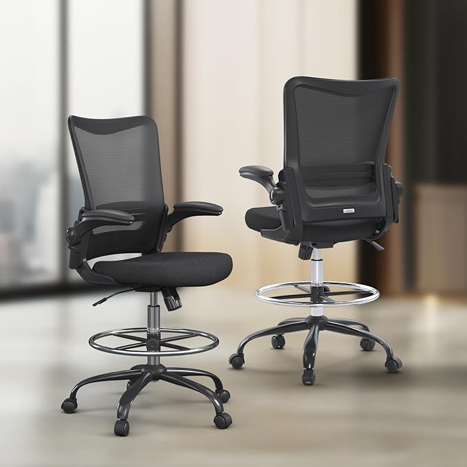 Drafting Chair,Tall Office Chair for Standing Desk,Office Drafting Chair with Footrest Ring,High Office Chair with Tilt Back,Extra Tall Office Chairs with Flip Up Armrest