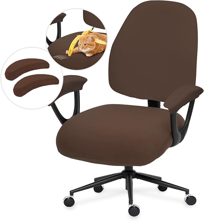 Super Stretchable Split Office Chair Seat Covers & Armrest Covers - Universal Spandex Computer Chair Slipcover - 180GSM Rotating Backrest Coverings Cushion Protectors for Dogs, Cats, Pets (Mocha)
