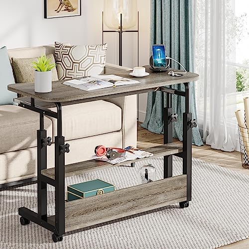 Tribesigns Portable Desk with Power Outlets, Height Adjustable Side Table Sofa Couch Bedside Laptop Computer Cart with USB Charging Ports, Mobile Small Standing Desk with Keyboard Tray