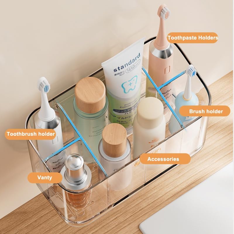 Toothbrush Holder for Bathroom Wall Mounted, 5 Slots Acrylic Toothbrush and Toothpaste Organizer Removable Dividers, Large Capacity Electric Toothbrush Holder for Family Bathroom Accessories, Clear