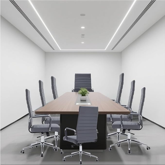 Grey Leather Ribbed Office Desk Chair, Ergonomic High-Back Executive Conference Room Chairs with Wheels, Adjustable Swivel Computer Task Chair with Arms and Thick Padded Seat
