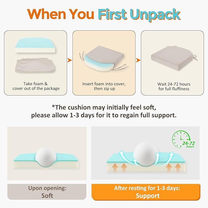 downluxe Chair Cushions for Dining Chairs, Memory Foam Linen Kitchen Chair Pads with Ties, Waterproof, Stain-Resistant and Washable Cover, 17" x 16" x 2.5", Beige, 4 Pack