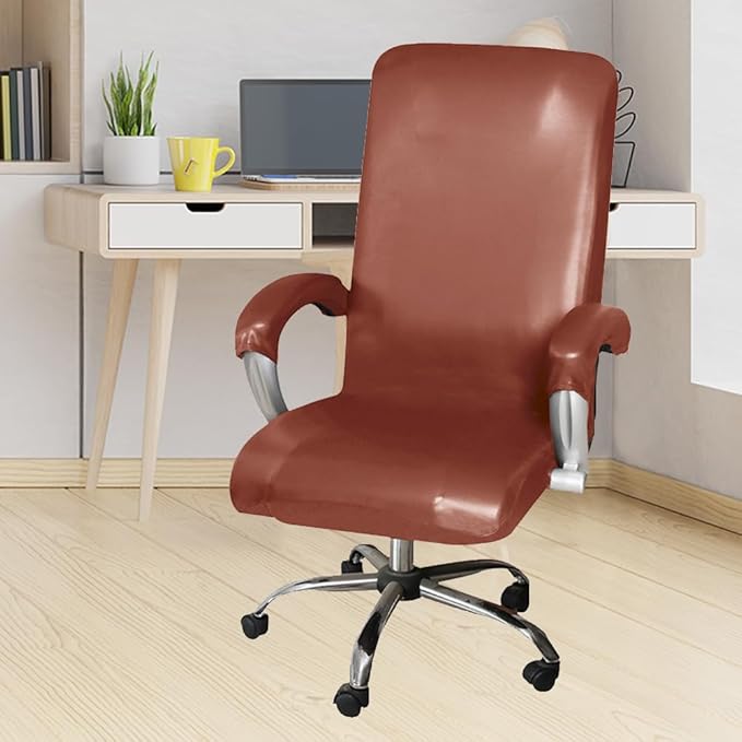 ITFRO Waterproof Office Chair Cover with Armrest Covers Camel PU Leather Computer Desk Chair Cover with Zipper Universal Rotating Gaming Chair Slipcover High Back Chair Seat Protector (Camel)