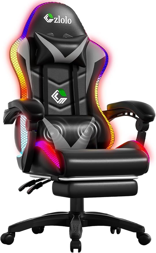 Czlolo Gaming Chair, Racing Style RGB LED Lights Gaming Chairs for Adults and Kids, Lumbar Massager Gamer Chair, High Back Reclining Computer Chair with Footrest and Headrest (Black/Gray)