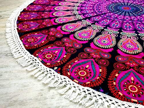 Round Beach Tapestry Turquoise Mandala Throw/Boho Hippie Beach Blanket Roundie/Indian Cotton Bohemian Large Round Table Cloth-Home Decor/Yoga Mat Meditation Picnic Rug (42", White And Pink)
