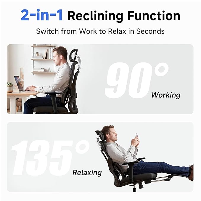 Ergonomic Office Chair with Footrest, 4D Armrests & Dynamic Lumbar Support, High Back Mesh Desk Chair with Adjustable Headrest, Reclining Computer Chair 380lbs for Long Hours (Black)