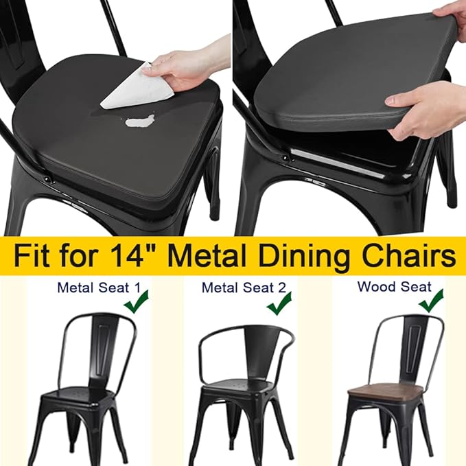 SINOSSO Modern Faux Leather 14" Metal Chair Cushions Set of 4, Leathaire Magnetic Chair Pads for Dining Kitchen Cafe Bistro Stackable Chairs (U-Shape, Black, 4)
