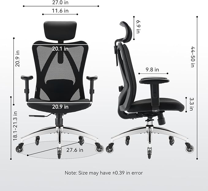 XUER Ergonomic Office Chair, Mesh Computer Desk Chair with Adjustable Sponge Lumbar Support, Thick Cushion, PU Armrest and Headrest, High Back Swivel Home Office Task Chair for Work (Black)…