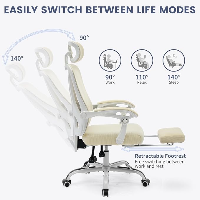 Ergonomic Office Chair,Swivel Task Chair with Adjustable Lumbar Support,Home Office Chair with Footrest,Mesh High Back Gaming Chair Off White