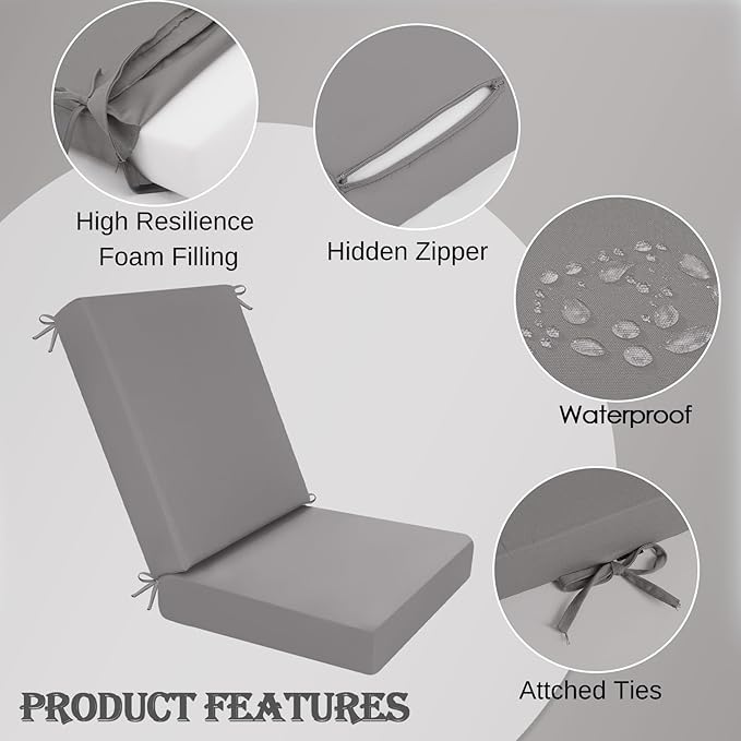 idee-home Outdoor Patio Dining Chair Cushion, High Back Density Foam Chair Cushions Seat with Removable Cover, WeatherResistant Indoor Deep, Grey