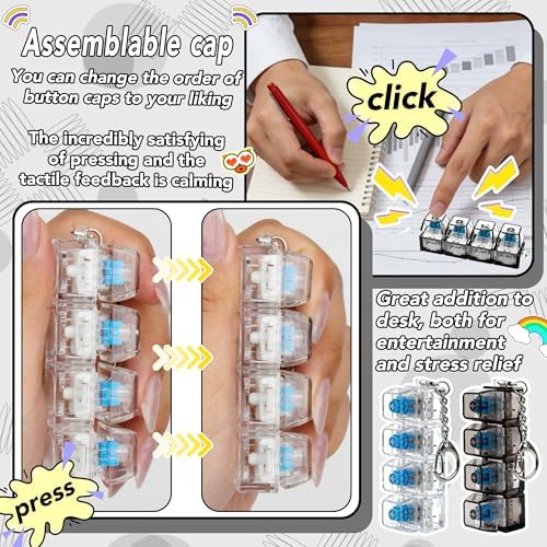 2 PCS Clear & Black Keyboard Fidget Toy, Keyboard Fidget Keychain 4-in-1 Keyboard Decompression Button Finger Clicker Toys, Button Stress Relief Fidget Gifts to Relief Stress (General)