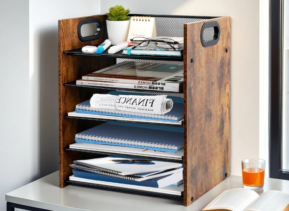 Desk Organizer - 5-Tier Desktop File Organizer, Wooden Paper Tray Organizer, Office Desk Organzier and Accessories for Papers, Mail, Notebooks, Stationery