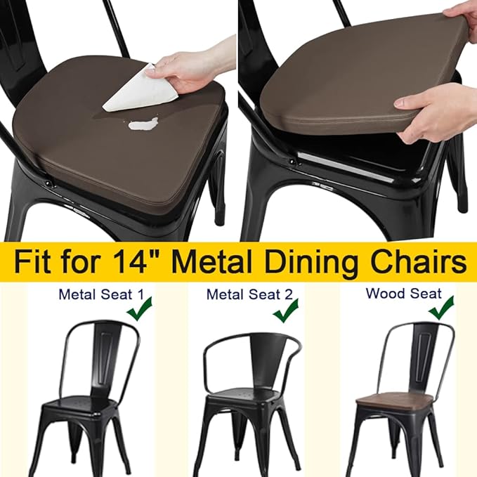 SINOSSO Modern Faux Leather 14" Metal Chair Cushion, Leathaire Magnetic Chair Pad for Dining Kitchen Cafe Bistro Stackable Chair (U-Shape, Brown, 1)
