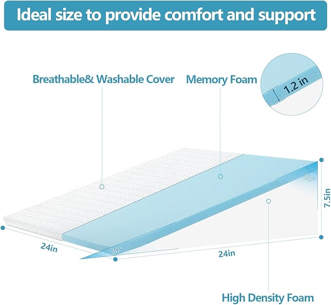Nordjager Wedge Pillow for Sleeping & Resting, 24"x24"x7.5" Memory Foam Cushion with Grey White Patterned Polyester Cover, Ideal for Bedroom & Living Room – Comfortable Support for Adults
