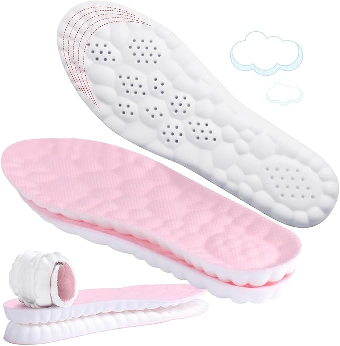 4D Cloud-Like Comfort Soles for Men - Soft Memory Foam Cushioning Insoles - Trim to Fit Steppers Insoles with Arch Support for Foot Pain Relief and Fatigue Reduction (Pink, US W 6.5-9)