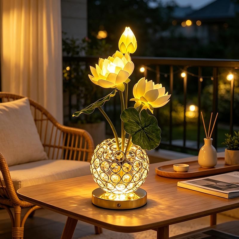 Lily Flower Lamps, Rechargeable Cordless Small Desk Lamp, 3 Colors Dimmable Artificial Flowers Night Light, Fake Bouquet 3 Lilies with Crystal Vase for Home Date Party Decoration (White - Lotus)