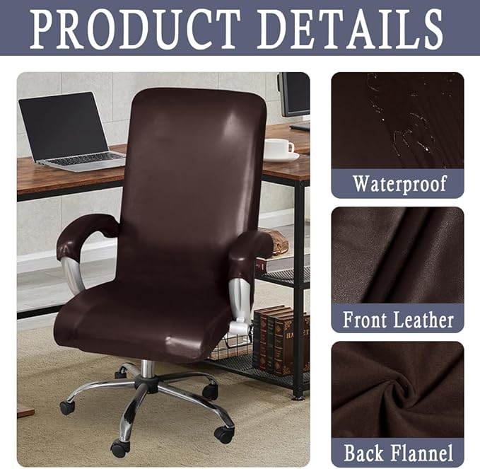 ITFRO Waterproof Office Chair Cover with Armrest Covers Brown PU Leather Computer Desk Chair Cover with Zipper Universal Rotating Gaming Chair Slipcover High Back Chair Seat Protector (Brown)