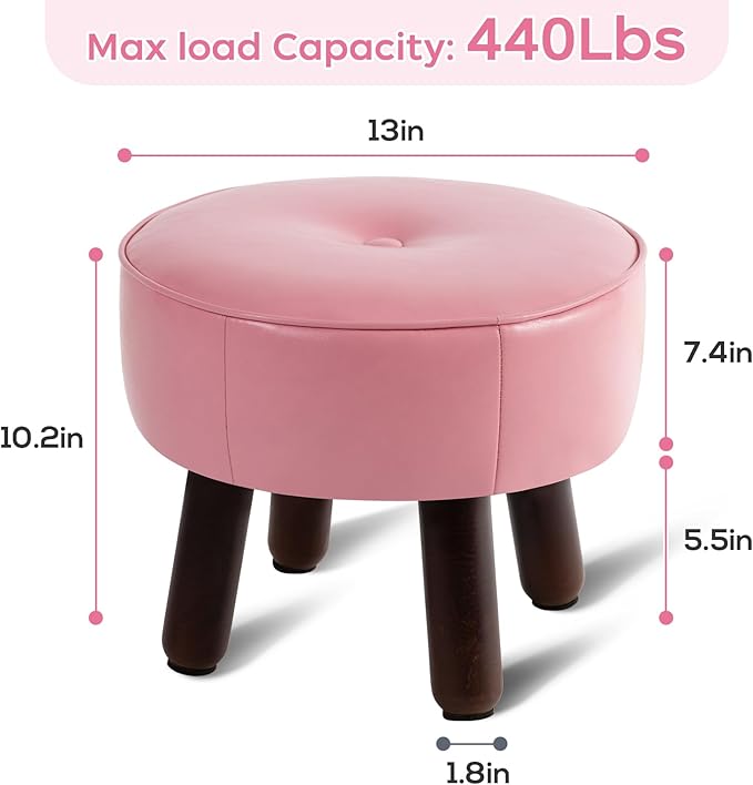oakvivo Small Foot Stool Round Pouf Ottoman, 13'' Leather Foot Rest with Non-Skid Rubber Legs, Foolstool Ottomans for Couch, Sofa Footrest Step Stool for Living Room Bedroom Entryway Office, Pink