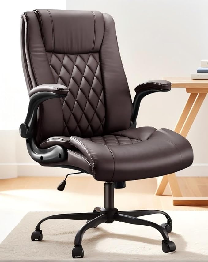 Marsail Executive Office Chair Ergonomic Desk Chair with Flip-up Armrests PU Leather Height-Adjustable Swivel Rolling Brown