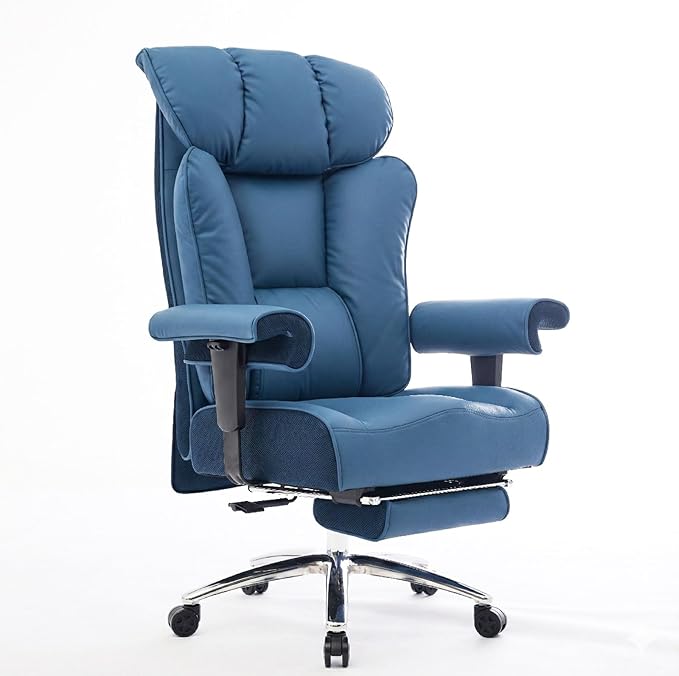 Efomao Big and Tall Office Chair 400lbs - Heavy Duty Executive Desk Chair with Foot Rest & 23" Wide Seat - High Back Ergonomic Leather Computer Chair for Heavy People, Home Office, Blue