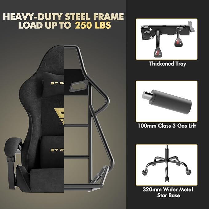 Gaming Chair Racing for Adult, Office Chair with Footrest Massage Lumbar Cushion, Velvet Fabric Reclining Video Game Chairs, Ergonomic Computer Chairs Height Adjustable, for Home Streaming, Black