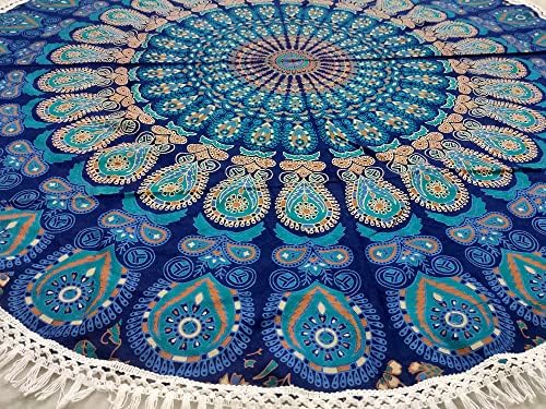 Round Beach Tapestry Turquoise Mandala Throw/Boho Hippie Beach Blanket Roundie/Indian Cotton Bohemian Large Round Table Cloth-Home Decor/Yoga Mat Meditation Picnic Rug (70", Blue)