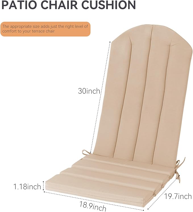 Adirondack Chair Cushion Set of 2 Indoor Outdoor Furniture Cushions Rocking Chair Cushions with Straps Replacement Folding Patio Chair Pad,19.7x18.9x1.5 Inch（Khaki）